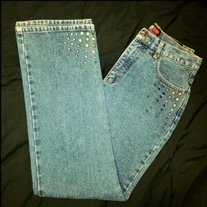 Vtg 90s NY JEANS aegean blue denim brass studs high waist curvy mom jeans 8 NWOT